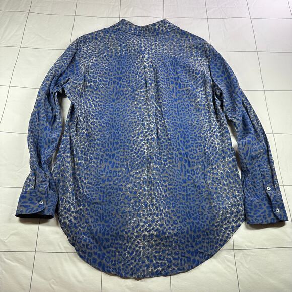 J. McLaughlin Top Womens Large Blue Gray Silk Leopard Button Up Long Sleeve Work - Picture 2 of 6